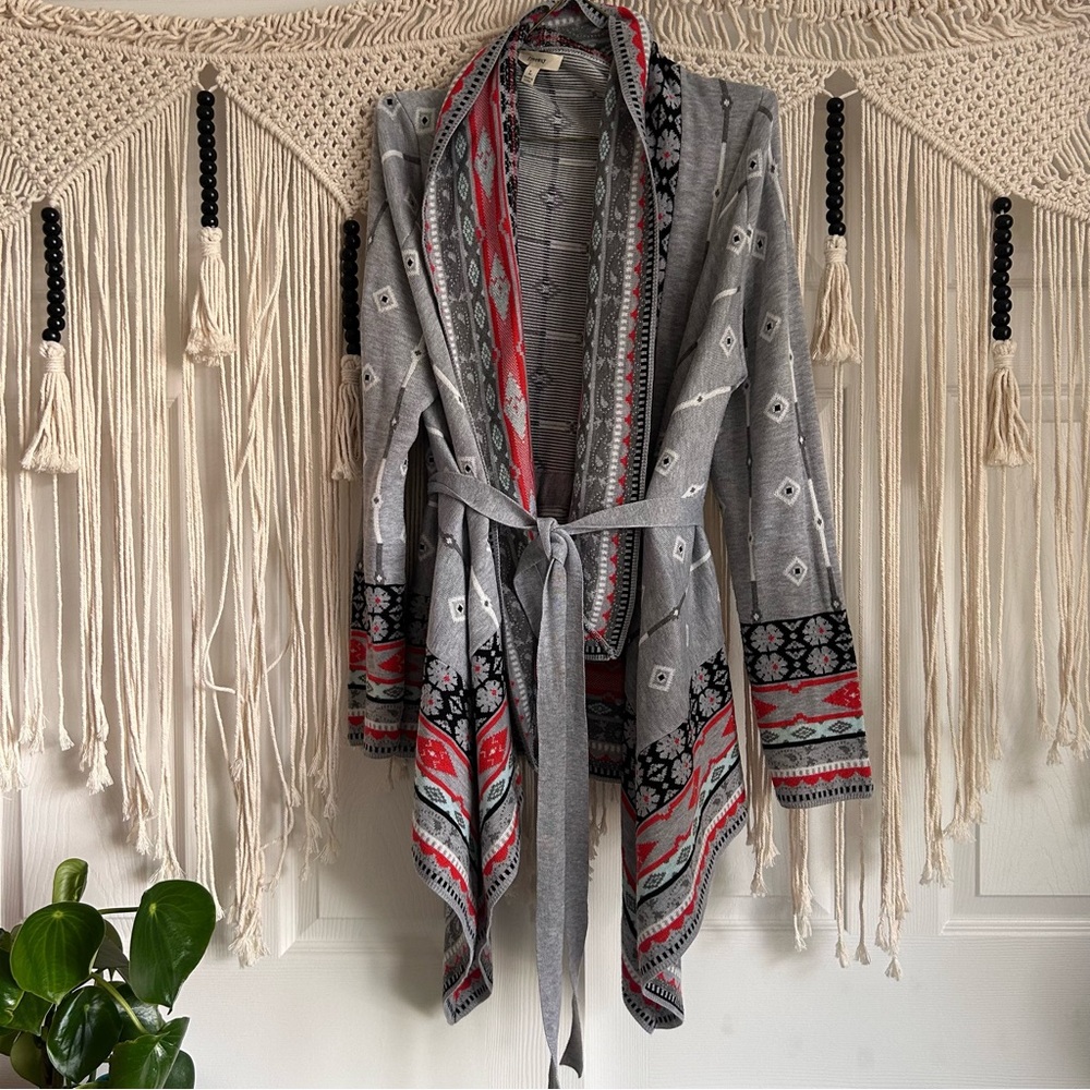 Red and Gray belted Cardigan